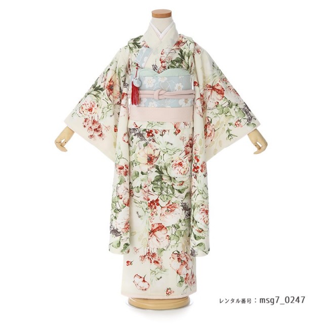 セット七五三7歳女の子着物＆作り帯＆袖なし長襦袢＆小物クリーム色花御所