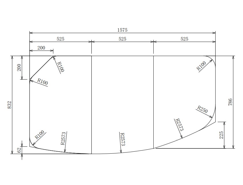 変形有　組み合わせ風呂ふた832ｍｍｘ1575mm　3枚割　（右下：225ｍｍ）