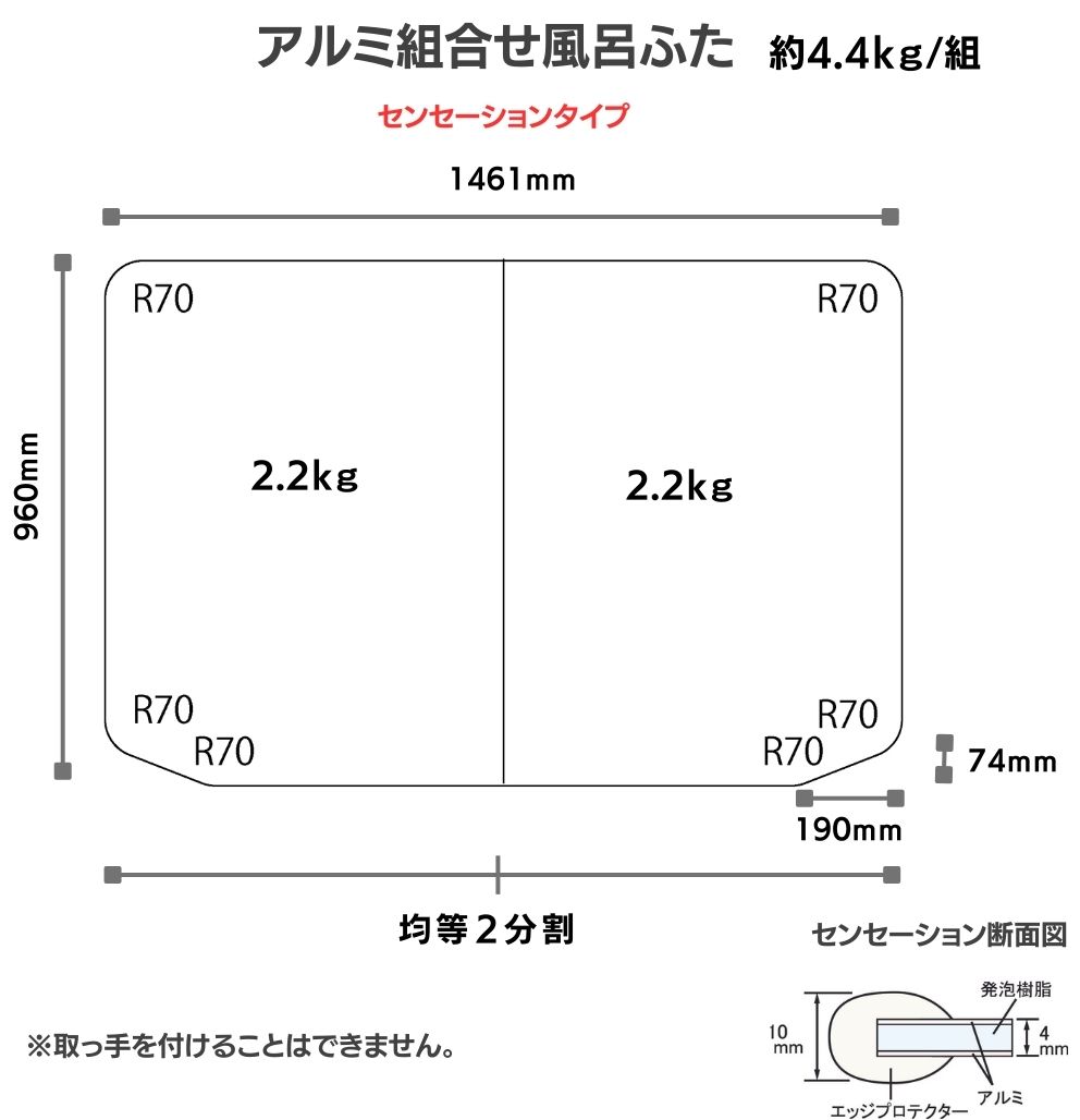 変形組合せ風呂ふた　960mm x1461mm／2分割or３分割　変形有　厚みが変わります