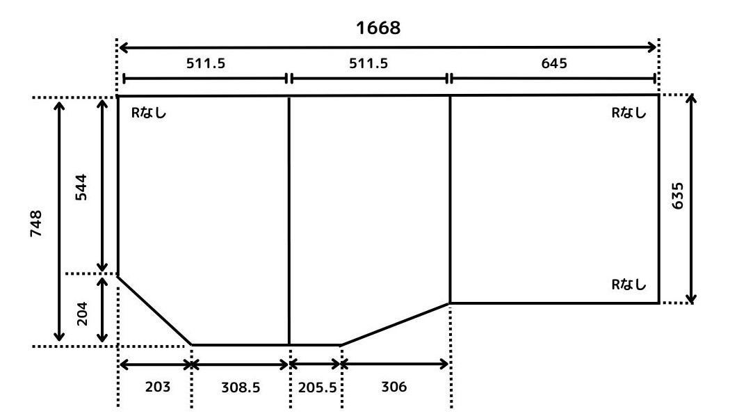 変形組み合わせ風呂ふた 748mm×1668mm変形　3枚割
