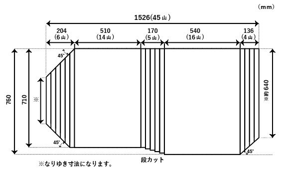 くるくる巻ける巻きふた　オーダーシャッターふた760ｘ1526mm　変形　45度斜、段カット有