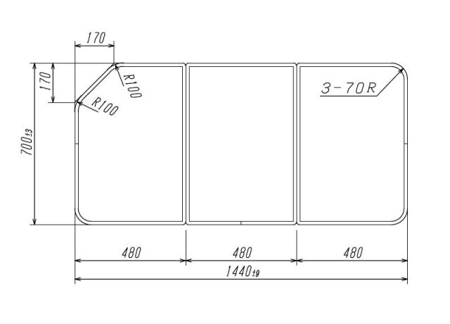 変形組合せ風呂ふた　700mm×1440mm 3枚割　1カ所斜めカット