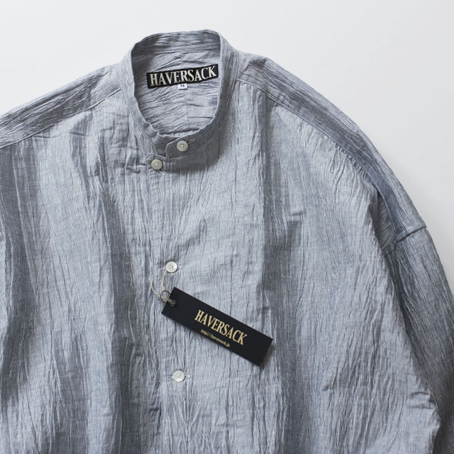 <30% OFF> HAVERSACK / Asymmetry Band Collar Shirt - Navy Stripe