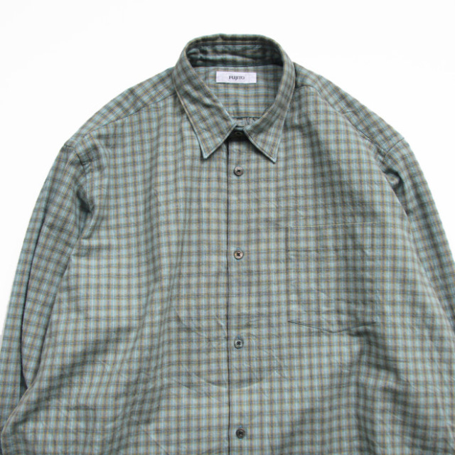 FUJITO / Big Silhouette Shirt - Cotton Nel Green Check