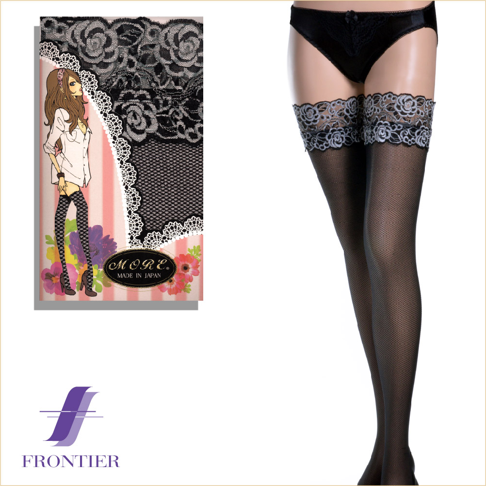 モア　レース付ネット柄ガーターストッキング　BK
