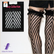 Lacy　フリル付コーンストライプ柄ネットガーターストッキング　ブラック　黒