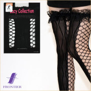 Lacy　フリル付サイドレース柄ネットガーターストッキング　ブラック　黒