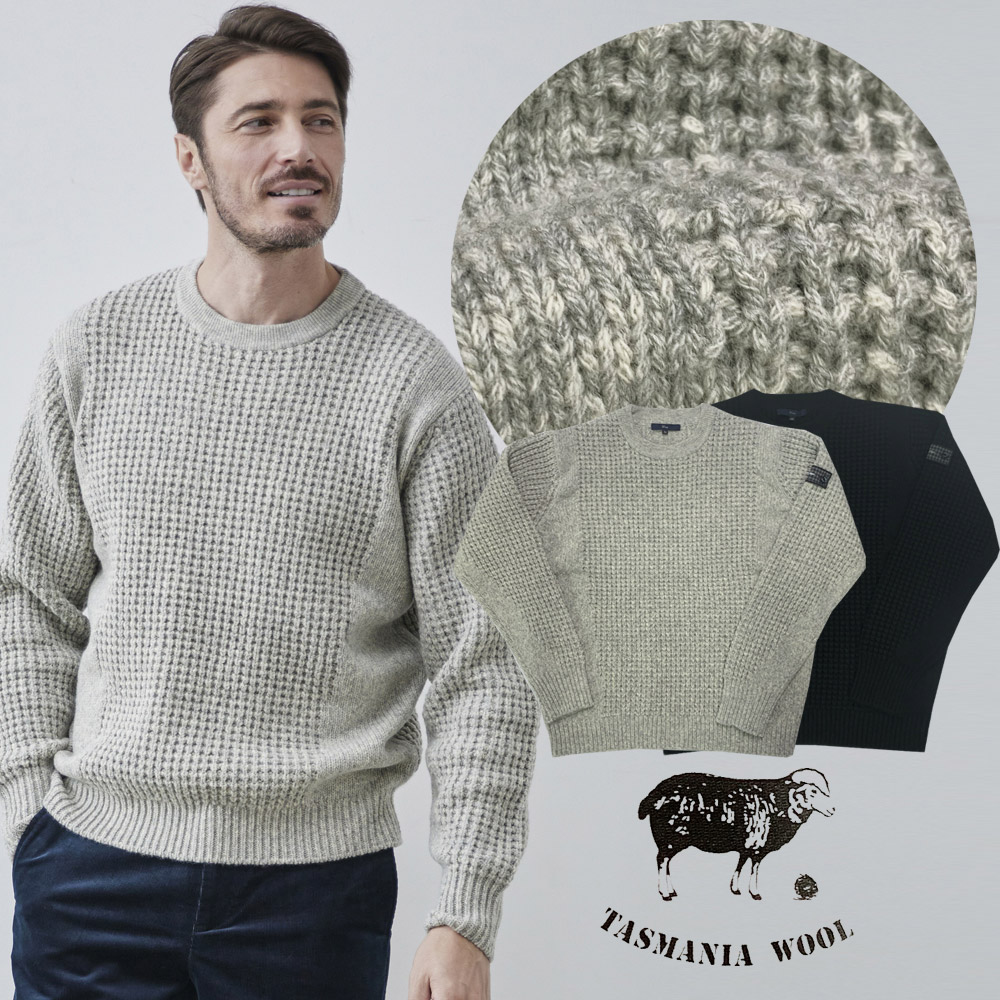 ［会員様限定販売］SALE タスマニアウール ワッフル柄 クルーネック ニット メリノウール セーター 240702 G-STAGE ジーステージ