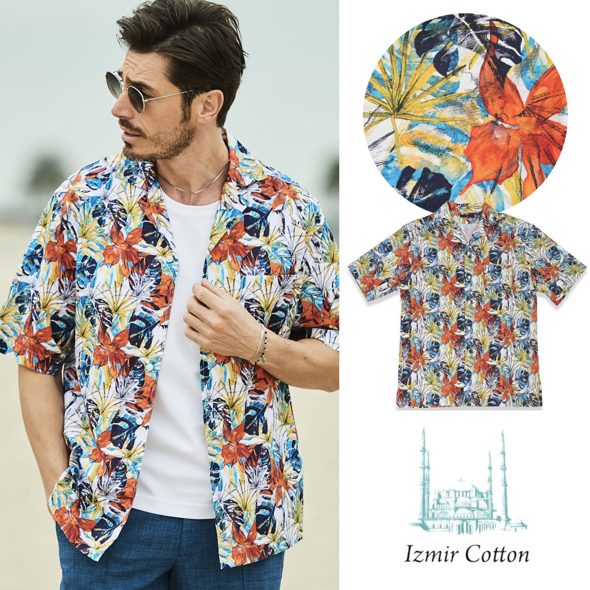 [在庫限りSALE] 清涼 開襟シャツ ストレッチ 半袖 オープンカラー アロハシャツ 花柄 エーゲ海コットン 541602-015 G-stage ジーステージ