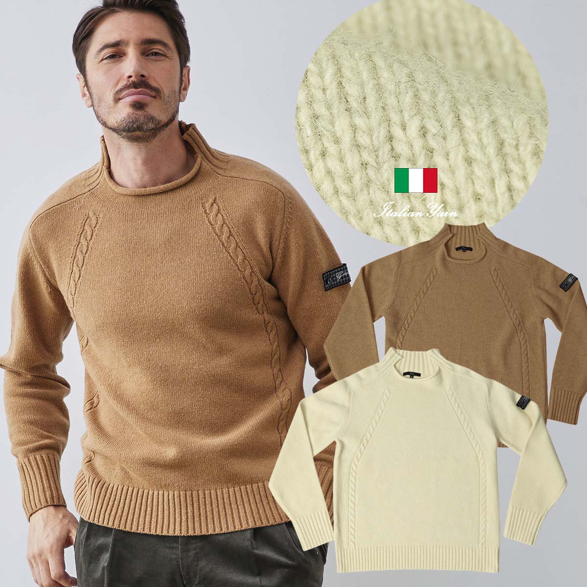 イタリア製生地,アイレ,ウール混,デザインセーター,スタンド,ロール,クルーネック,セーター,ニット,長袖,G-stage,ジーステージ