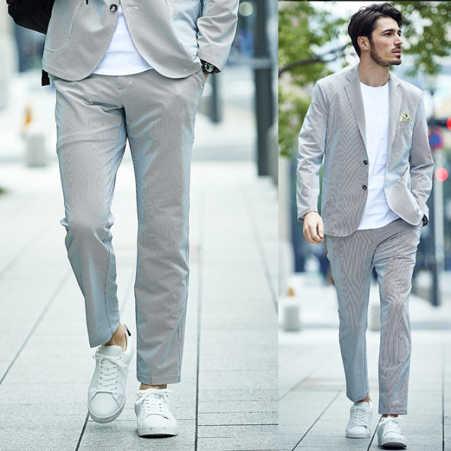 日本製生地coolmaxストレッチシアサッカーパンツ クールマックス セットアップ Gear Suit ライトグレー ヘリンボーン ネイビー G Stage ジーステージ メンズウエアg Stage