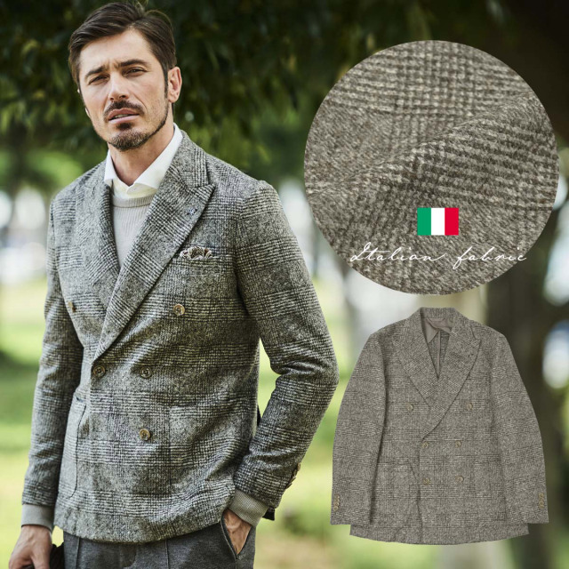 [会員様限定SALE]在庫限り　イタリア ROMA生地 グレンチェック柄 ダブルピークドラペル ストレッチジャケット 240216 G-stage ジーステージ