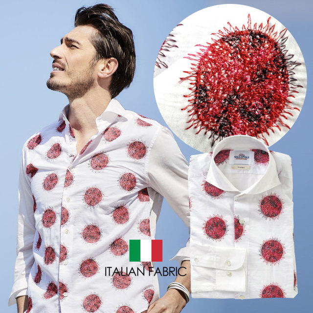 Sale イタリアシャツ 日本製 イタリア生地 メンズシャツ 太陽 刺繍 セミワイド コットン Gallipoli Camiceria ガリポリカミチェリア メンズウエアg Stage