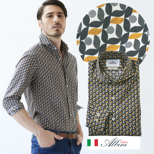 イタリアシャツ オプティカル ジオメトリック柄 Albini生地 カジュアルシャツ カッタウエイ 015 Gallipoli Camiceria ガリポリカミチェリア メンズウエアg Stage