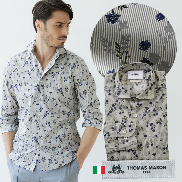 Sale イタリアシャツ 日本製 イタリア生地 メンズシャツ ストライプフラワープリント セミワイド Thomas Mason 008 Gallipoli Camiceria ガリポリカミチェリア メンズウエアg Stage
