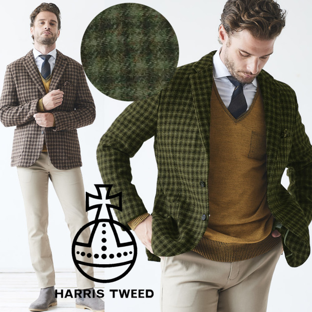 WEB会員様限定SALE　在庫限り  ハリスツイードジャケット フェードチェック  英国 テーラード　メンズ　ブラウン　グリーン 490210-303 G-stage ジーステージ