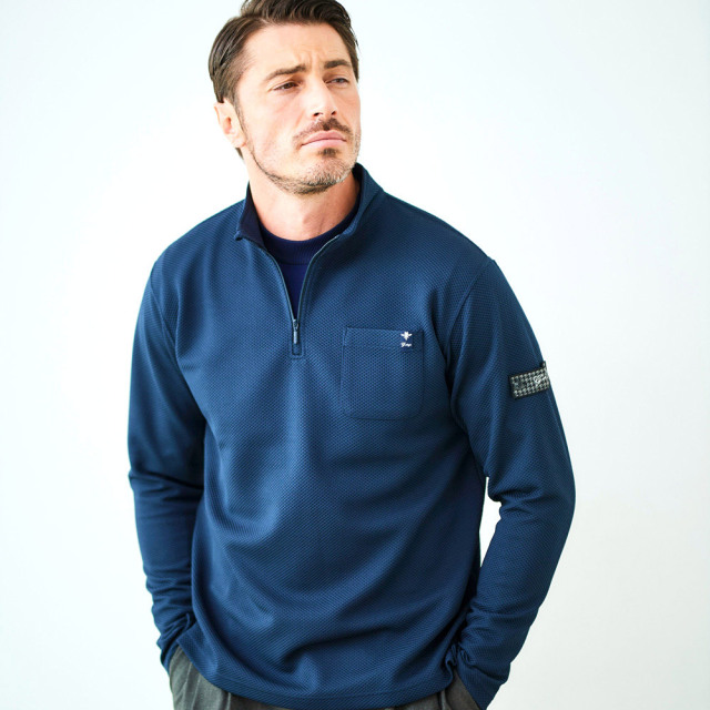 SALE] ハニカム ストレッチ ハーフジップ スタンド ロングTシャツ 長袖