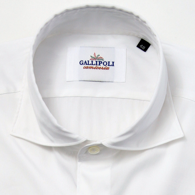 GALLIPOLIイタリア製無地ホワイト無地カッタウェイ長袖ストレッチカジュアルシャツ  550661-108