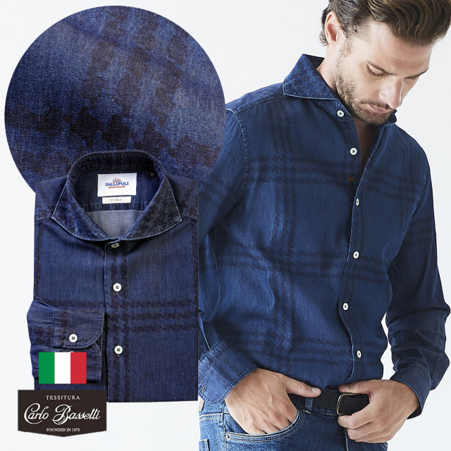 日本製 イタリア生地 メンズシャツ インディゴプリント カッタウェイ Gallipoli Camiceria ガリポリカミチェリア メンズ ウエアg Stage