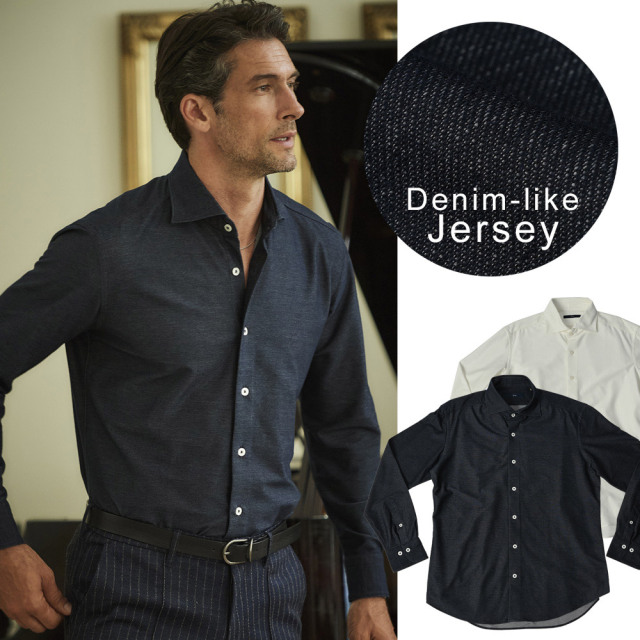 会員様限定SALE］ デニムシャツ ストレッチ ジャージシャツ 長袖シャツ  