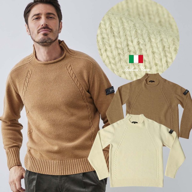 イタリア製生地,アイレ,ウール混,デザインセーター,スタンド,ロール,クルーネック,セーター,ニット,長袖,G-stage,ジーステージ