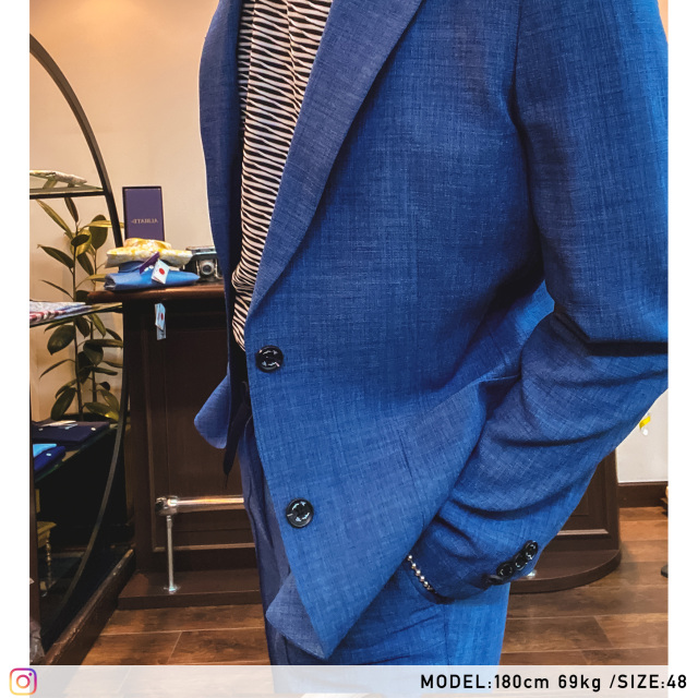 美品　GRAND GLOBAL リネン　麻　スーツ セットアップ　ブルー 美品 GRAND GLOBAL リネン 麻 スーツ セットアップ ブルー 楽天