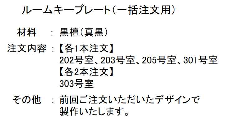 ルームキープレート（一括注文用）