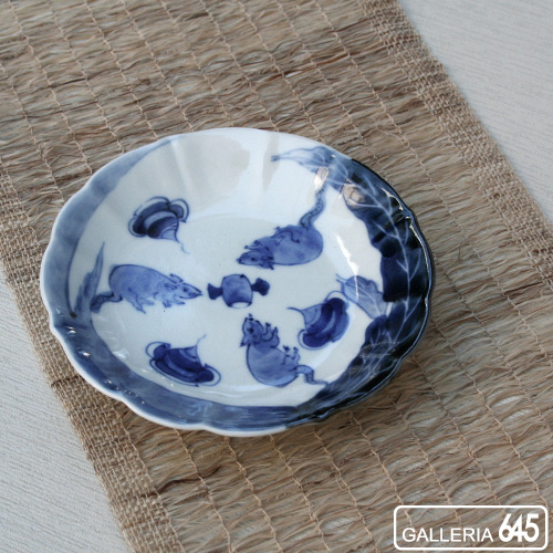 伊万里古窯 染付大根鼠宝尽文輪花皿 五枚組（桐箱付）：GALLERIA 645:024034【送料無料】