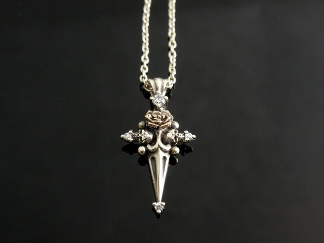 バラとスカルのクロスネックレス シルバー×ピンクゴールド K-SMITH 