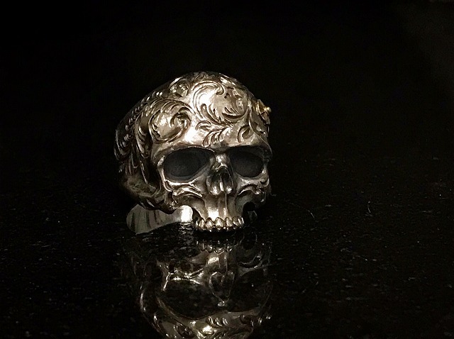 SILVER 925 スカルリング ハンドメイド1点 メンズ 一点ものハンドメイド シルバースカルリング 唐草