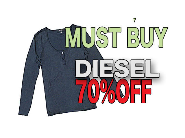【DIESEL】レディース XS（M～L）サイズ◇激安“MUST BUY” 期間限定“ ◇柔らかな墨黒カットソー表面にブラウン吹付加工 ヘンリーネックカットソーがなんと70％OFF6,270円