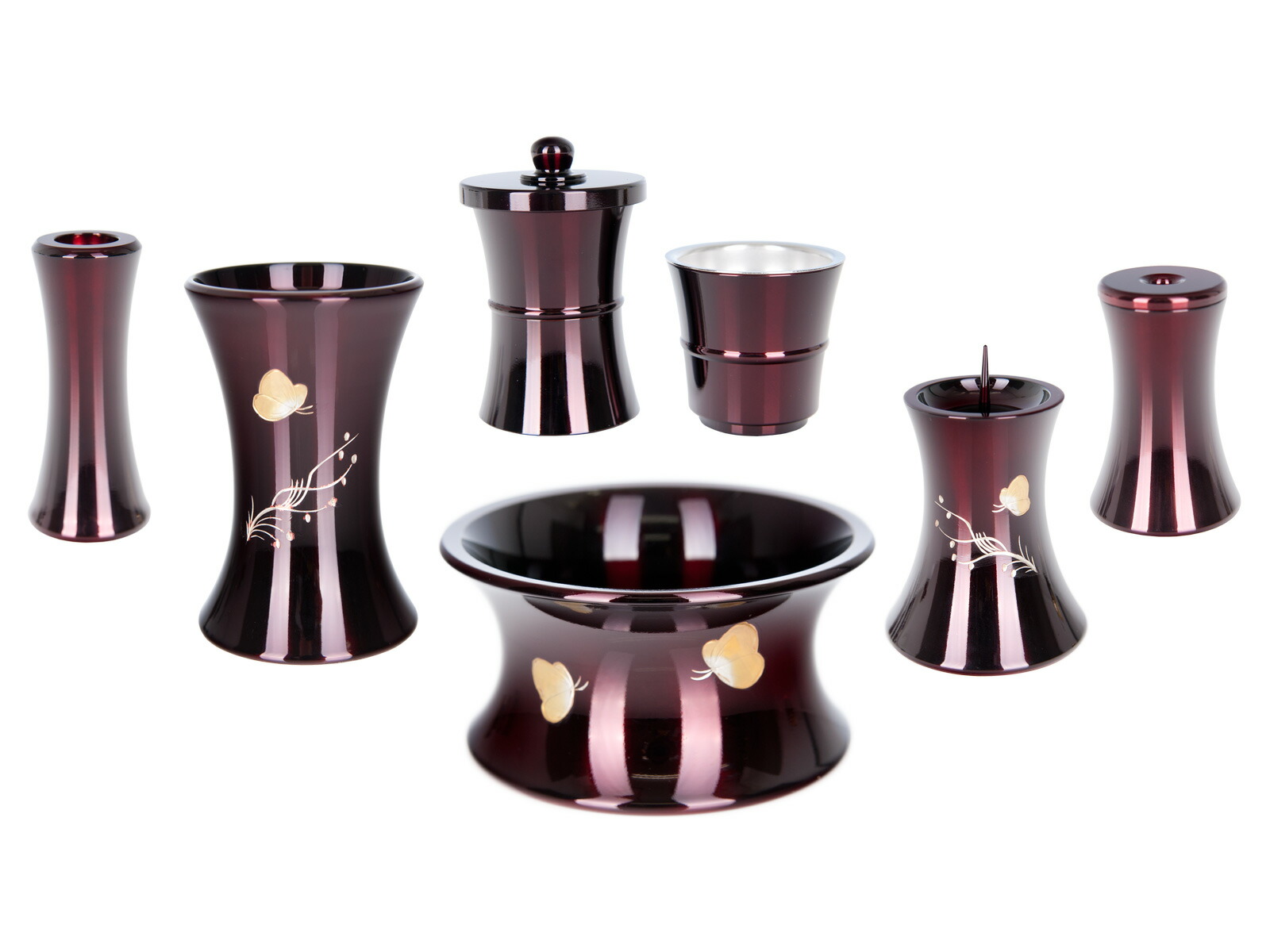 仏具セット【流水型 パピヨン ワインボカシ 7点セット 3.0寸】お仏壇 仏壇 小物 おしゃれ コンパクト おしゃれ 花瓶 線香立て 線香差し 香炉