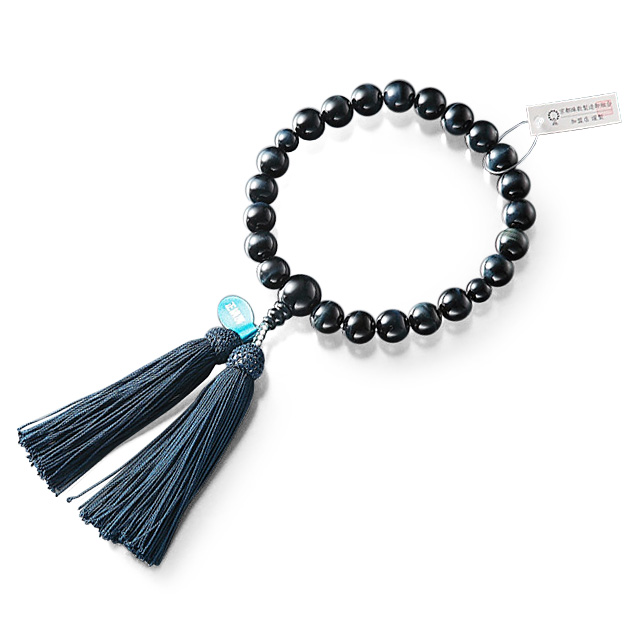 京念珠 数珠 男性用 青虎目石（22玉） 龍彫り本水晶 正絹頭付房 数珠袋  