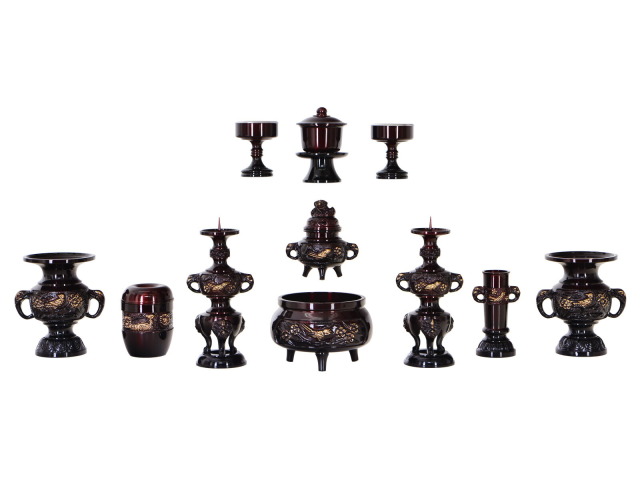 仏具セット【花鳥 ワインボカシ 11点セット 3.0寸・3.5寸】仏具 セット 線香立て 仏飯器 おしゃれ かわいい お仏壇 仏壇 小物