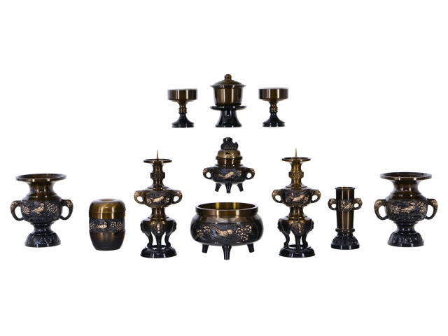 仏具セット【花鳥 コハクボカシ 11点セット 3.0寸・3.5寸】線香立て 仏