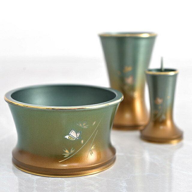 仏具セット【舞 マットグリーン 彫金 6点セット 3.0寸～3.5寸】ミニ