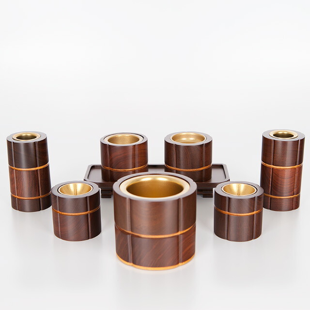 仏具セット【寄木細工 花型 クルミ 8点セット