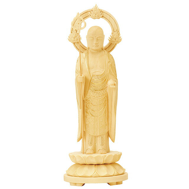 【特価・新品】 地蔵菩薩　柘植　総高さ約16㎝ 　仏像　地蔵 仏像【総柘植 地蔵菩薩 丸台座 輪光背 3.5～6寸】地蔵菩薩 小物