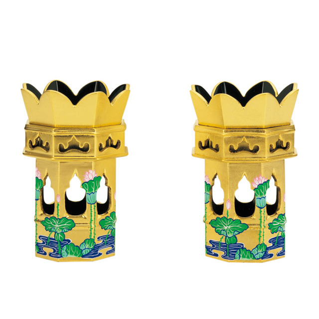 仏具【供花 木製 八角供花 総金 蓮水彩色入 2～3.5寸】供花 浄土真宗用 本願寺派 お供え 六角供笥(くげ) 供花 お西 仏具用品 仏壇用品 仏事用品 お仏壇 仏壇 小物 おすすめ 人気