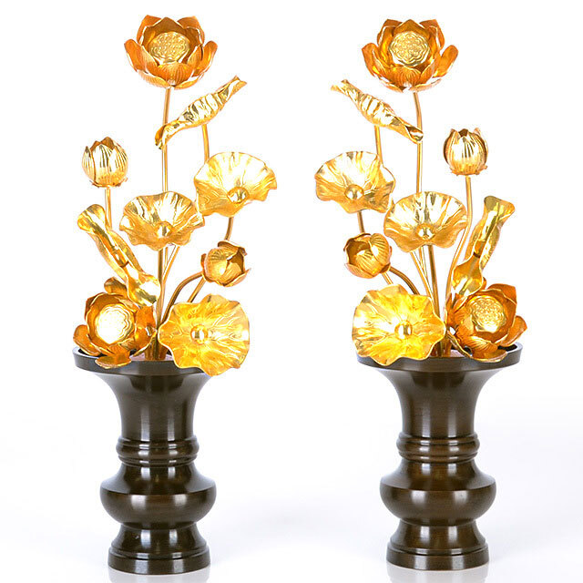 仏具【真鍮製常花 12寸9本立 本金付】国産 小常花 金色 真鍮 蓮華 仏花