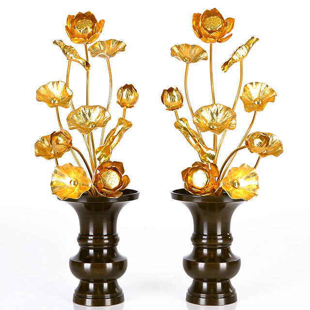 仏具【真鍮製常花 10寸11本立 本金付】国産 小常花 金色 真鍮 蓮華 仏