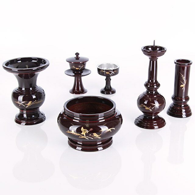 仏具セット【丸型 水鳥彫 タメ色 6点セット 3寸～4寸