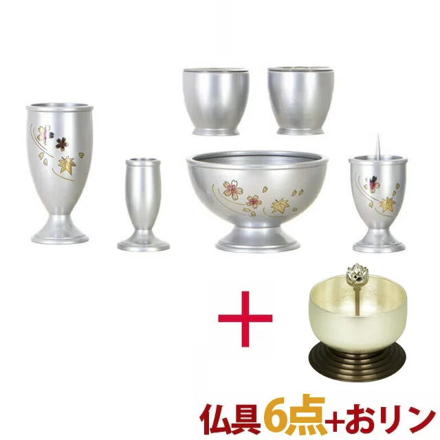 仏具セット【三日月シルバー彫金 6点セット 3寸+おとずれりん銀】