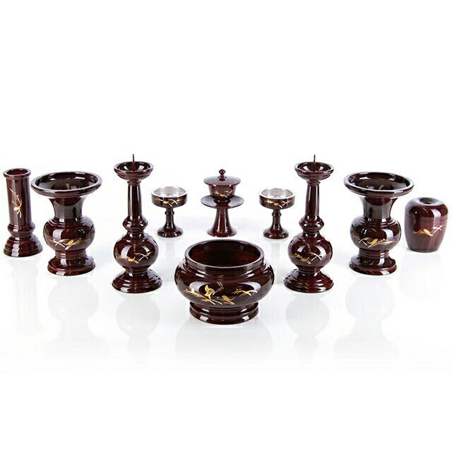 仏具セット【丸型 水鳥彫 タメ色 10点セット 3寸～4.0寸】ミニ 高級仏具 モダン 仏具セット お仏壇 仏壇 小物 仏具 セット 線香立て 仏飯器 花瓶 香炉 おしゃれ かわいい おすすめ 人気