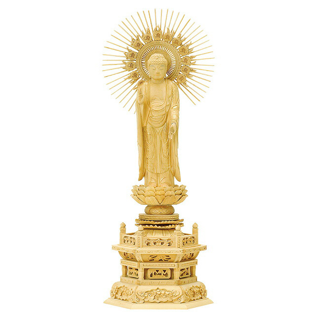 【仏像 柘植 六角台座 高田派 立弥陀 木地 4～5寸】