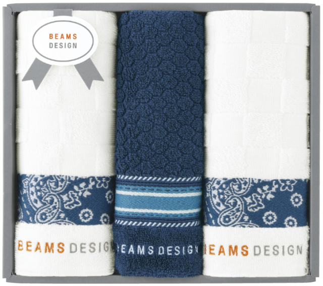 BEAMS DESIGN　チェッカーバンダナ　フェイスタオル2P＆タオルハンカチ（ネイビーブルー）（51-3139250NB）