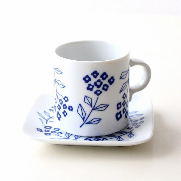 カップ&ソーサー おしゃれ 磁器 かわいい カフェ 白 ホワイト 美濃焼 日本製 マグカップ＆プレート ワスレナグサ [aks7949]