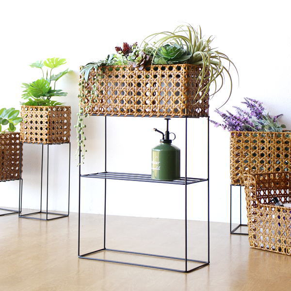 かご カゴ バスケット 鉢カバー おしゃれ 長方形 プランターカバー 花台 ハイタイプ ナチュラル フェイクラタンとアイアンのポットスタンド B [cle1744]