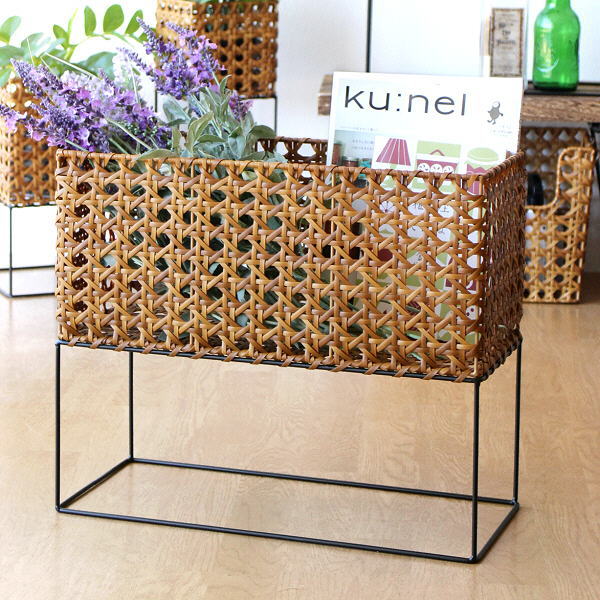 かご カゴ バスケット スタンド おしゃれ ワイド リビング プランターカバー 花台 収納 ナチュラル フェイクラタンとアイアンのポットスタンド D [cle2058]