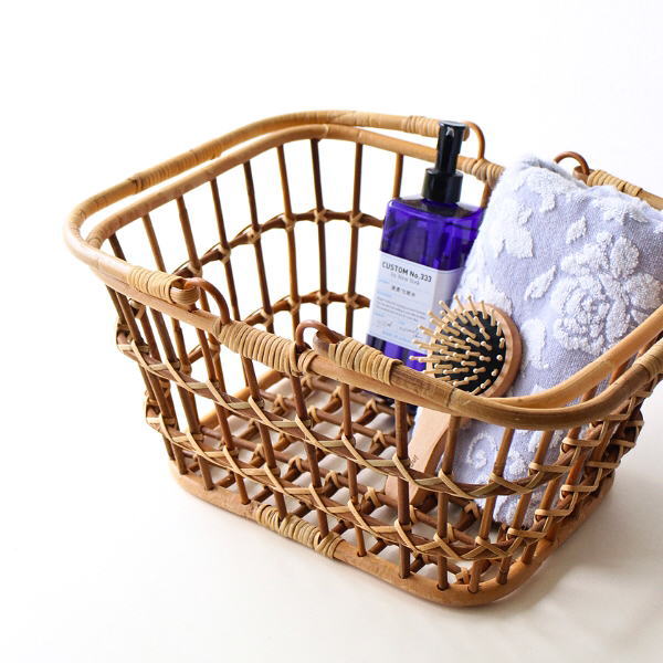 かご カゴ ラタン バスケット ハンドル付き おしゃれ スクエア リビング 編みかご キッチン ランドリーバスケット ラタンマーケットバスケット S [cle4497]